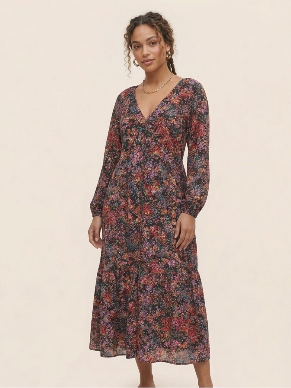 H&M Black Floral Long Sleeve Tiered Midi Dress